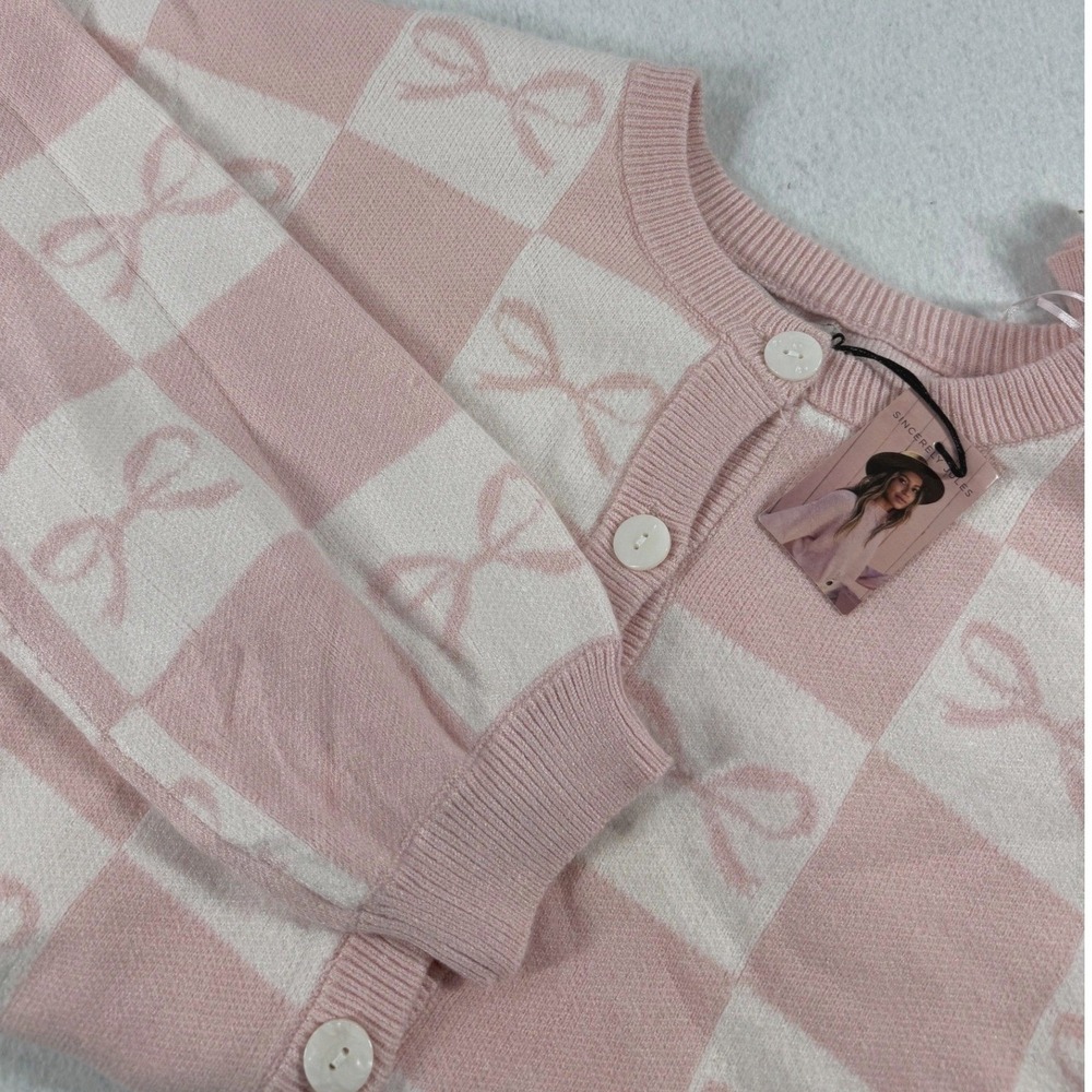 Coquette, Balletcore Checkered Bow Cardigan Women XL Pink NWT Knit Sweater Cozy